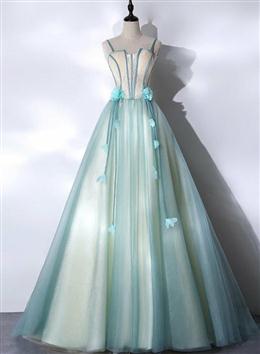 Picture of Mint Green Long Tulle with Lace Sweet 16 Dresses, Pretty Long Party Dress